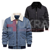 Men’s Vintage Fleece-Lined Denim Windbreaker – Classic Winter Warmth - Ukra Sports