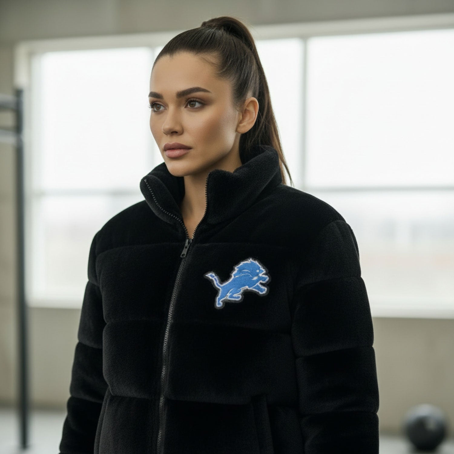  Woman wearing UKRA black rabbit wool jacket with blue tiger embroidery (front view)