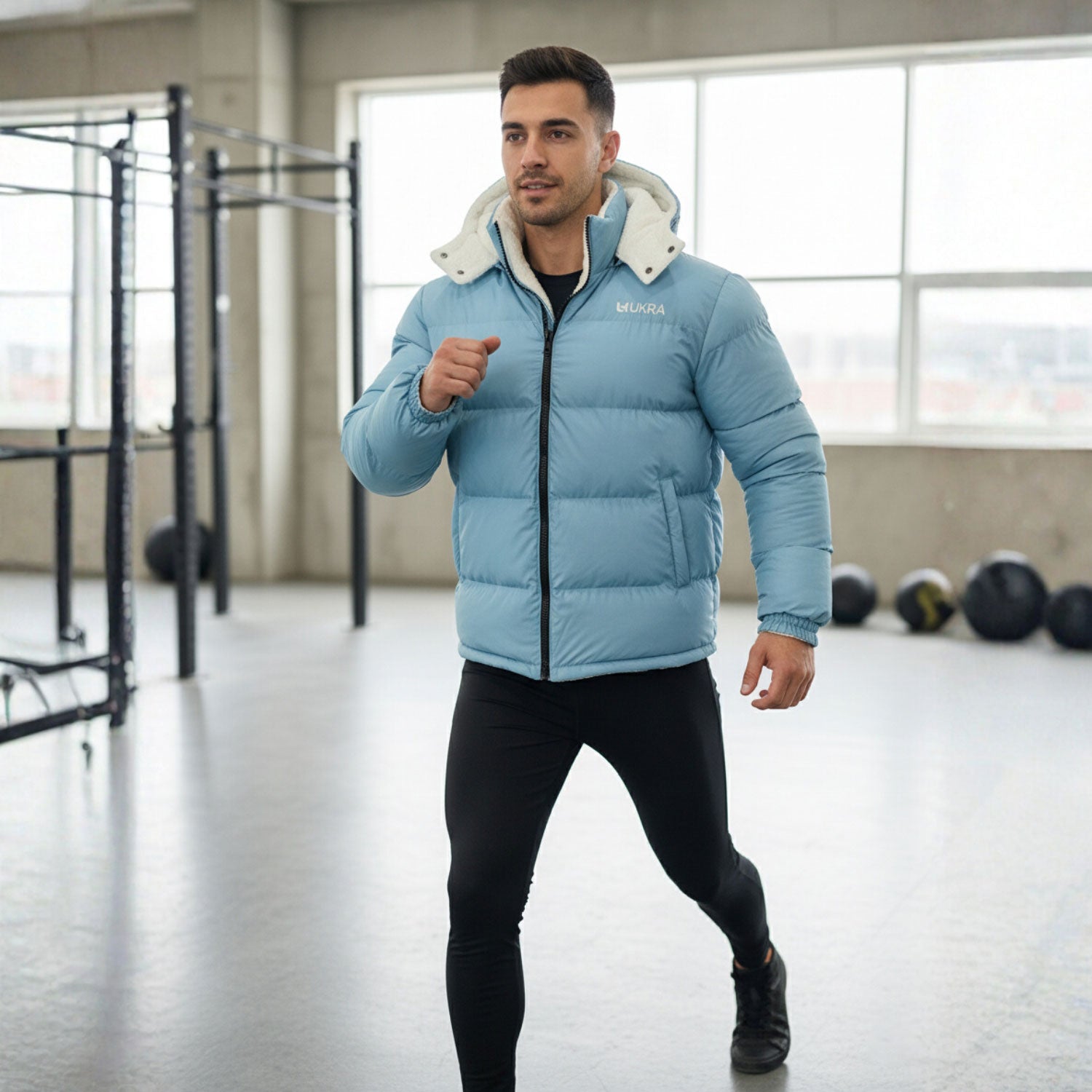 Man wearing UKRA Reversible Glacier Blue Puffer Jacket in gym setting.