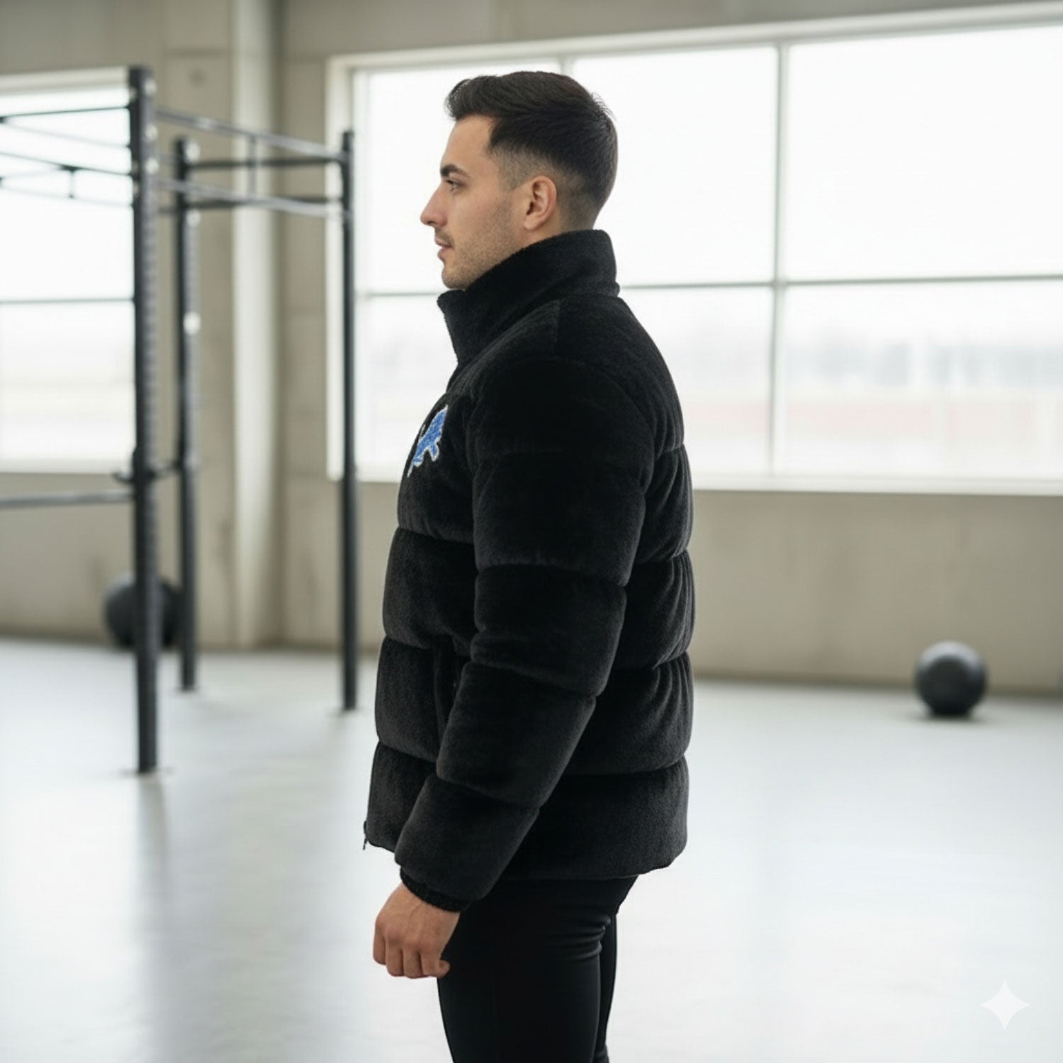 Man wearing UKRA rabbit wool jacket front view