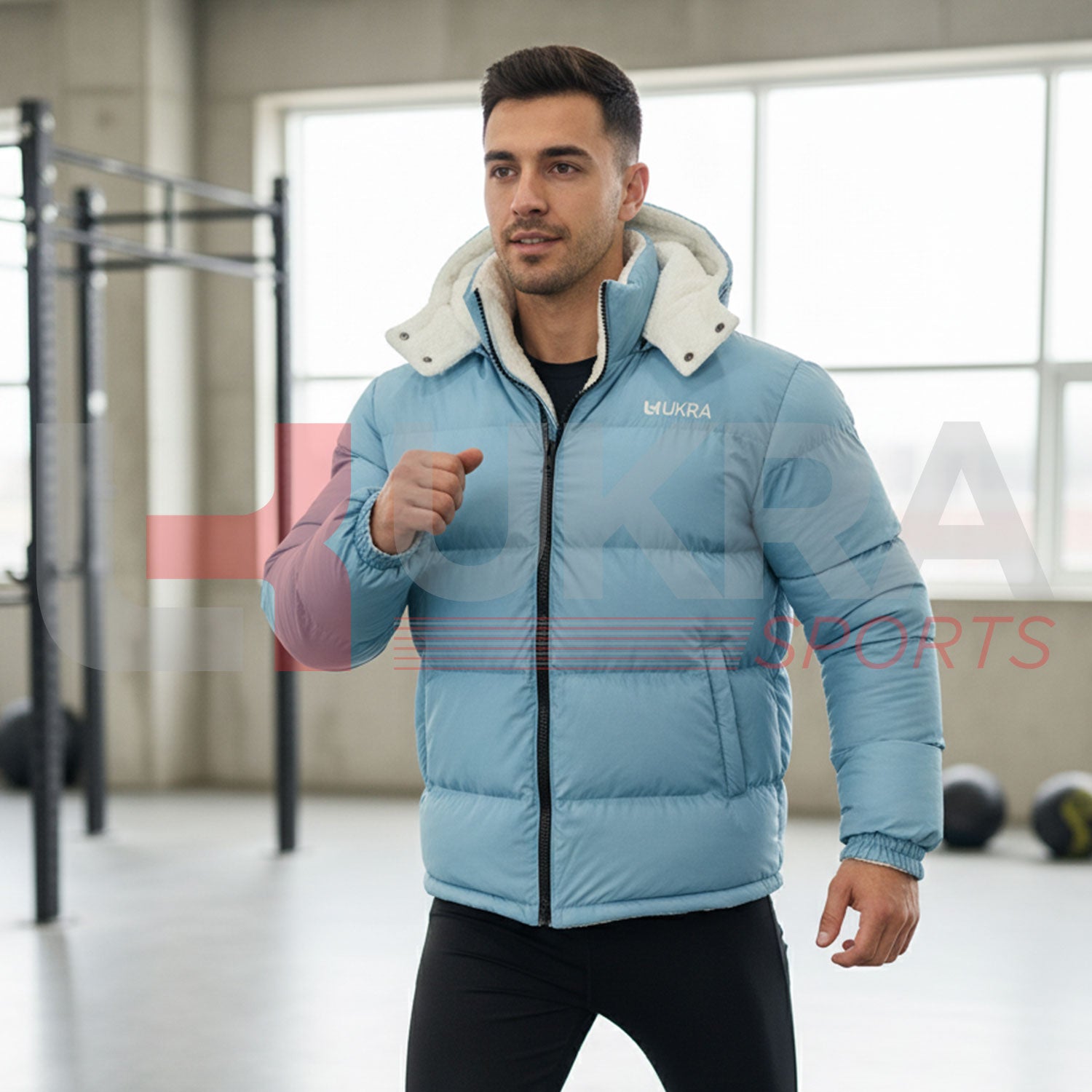 ManwearingUKRAReversibleGlacierBluePufferJacketingymsetting.