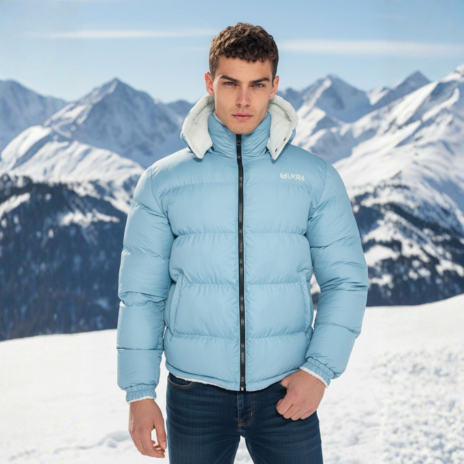 Model wearing Glacier Blue UKRA Puffer Jacket in snow mountains.