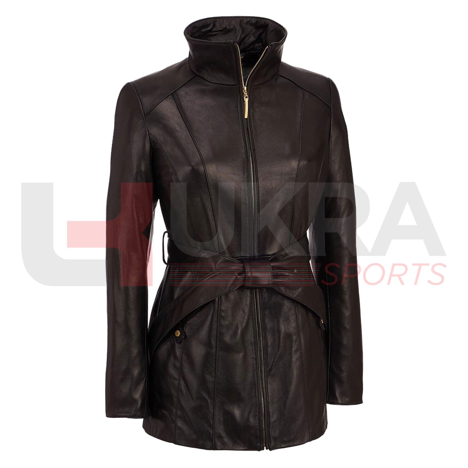 luxury brown belted leather coat women