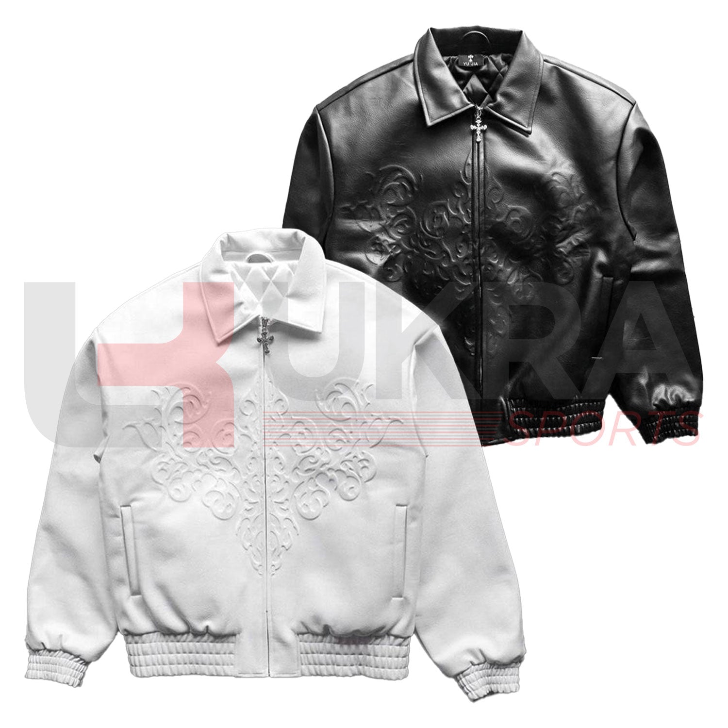 ukra black embossed leather varsity jacket men front view