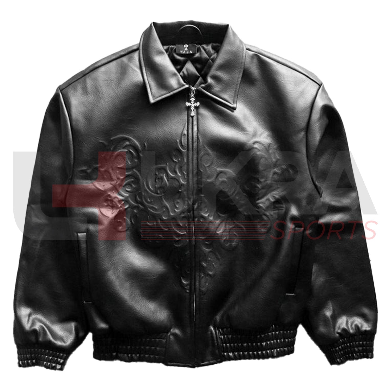 ukra black embossed leather varsity jacket men front view1