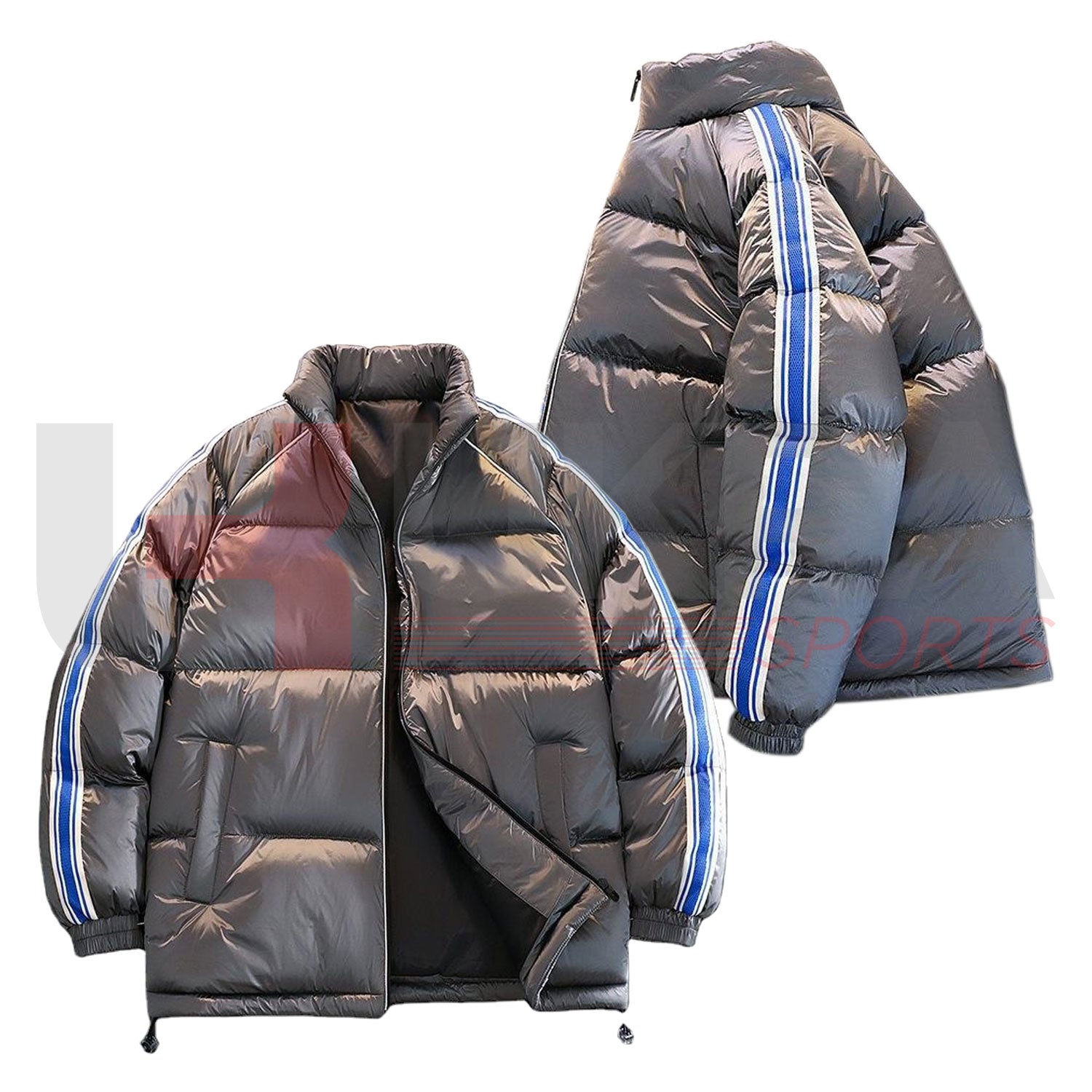 ukra black sporty puffer jacket with blue stripe sleeves