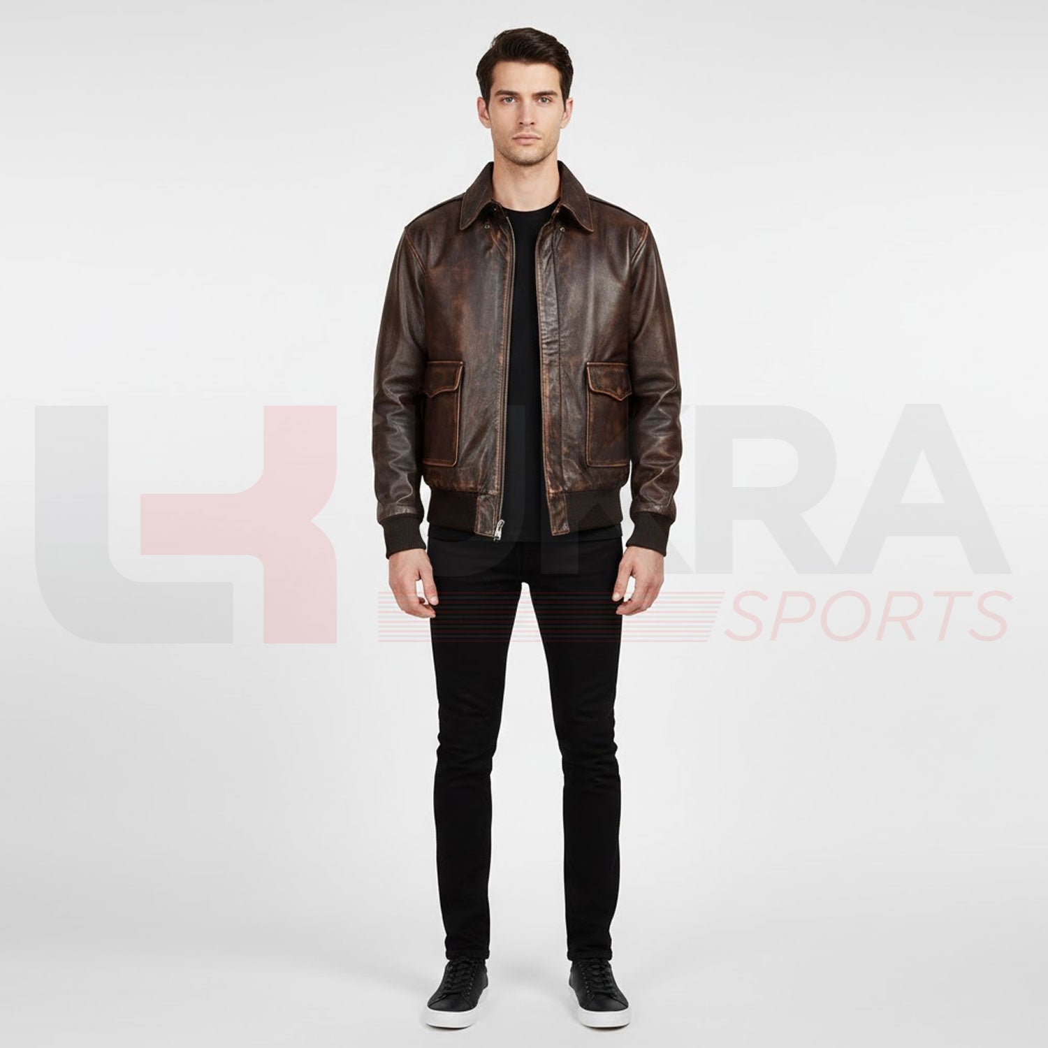 ukra_brown_sheepskin_leather_bomber_jacket_men_front_view