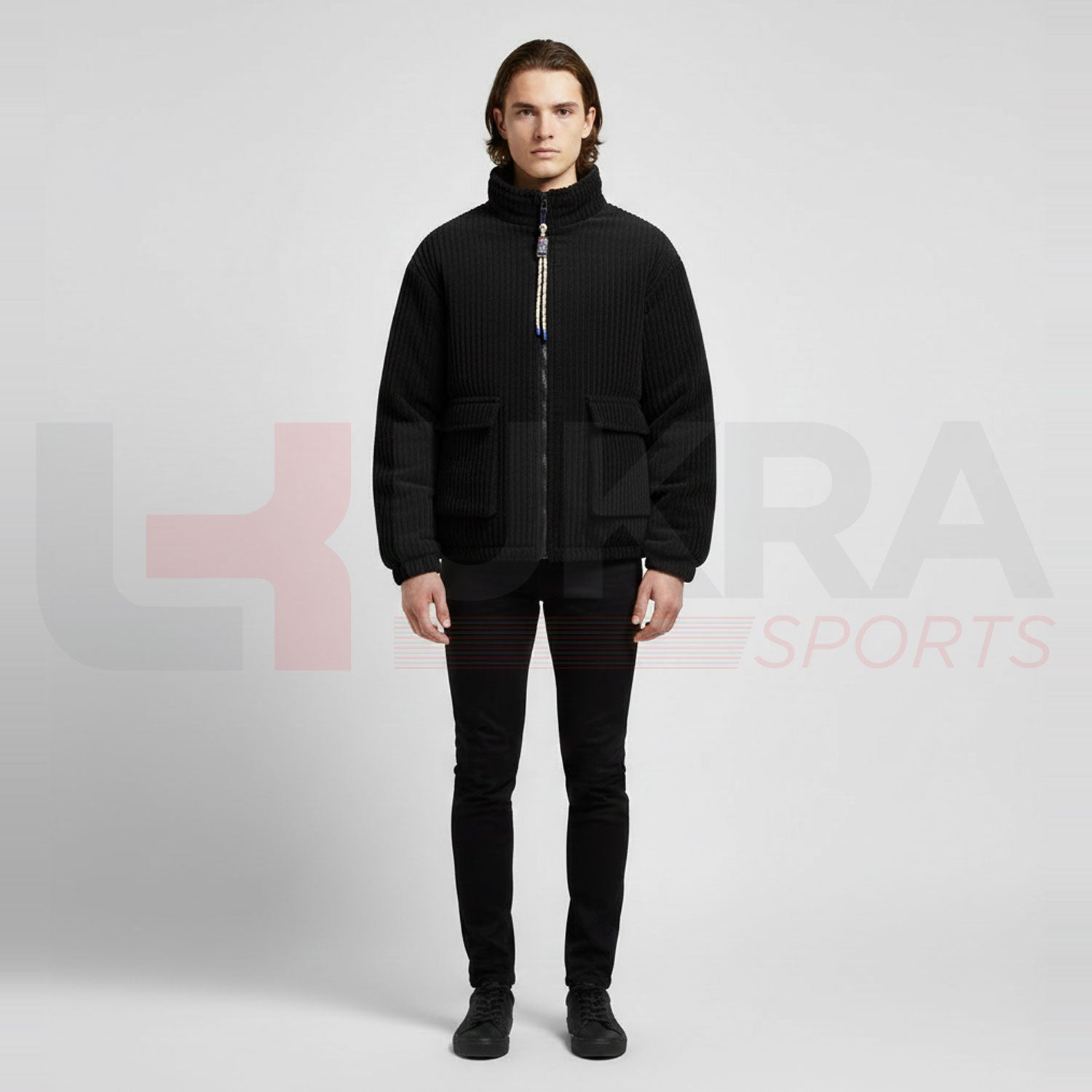 ukra_corduroy_stand_collar_down_jacket_black_front_view