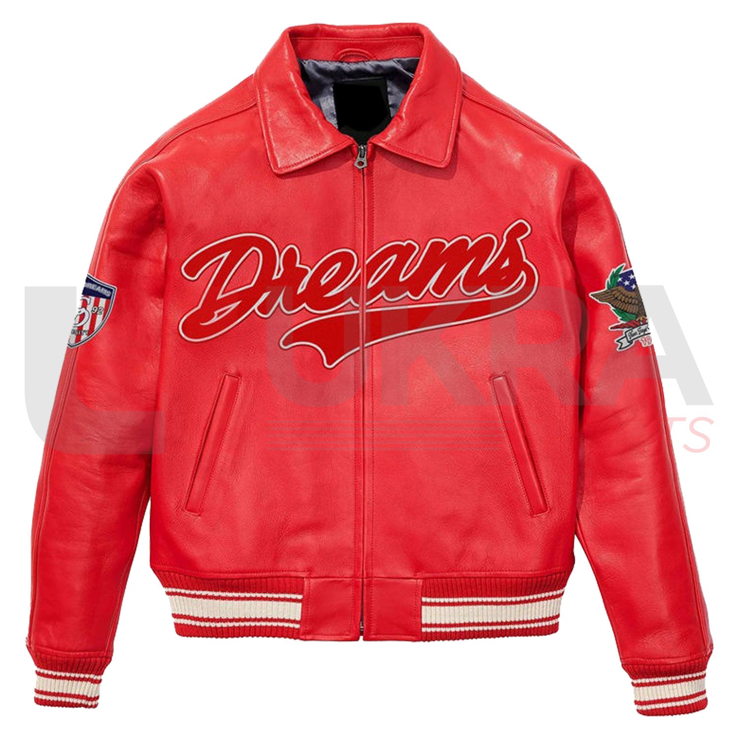 ukra red dreams embroidered leather varsity jacket