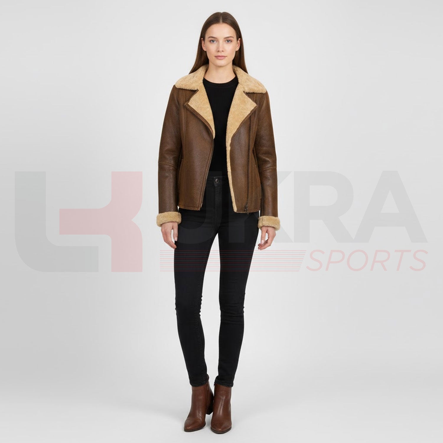 ukra_womens_fur_luxe_brown_leather_jacket_front_view