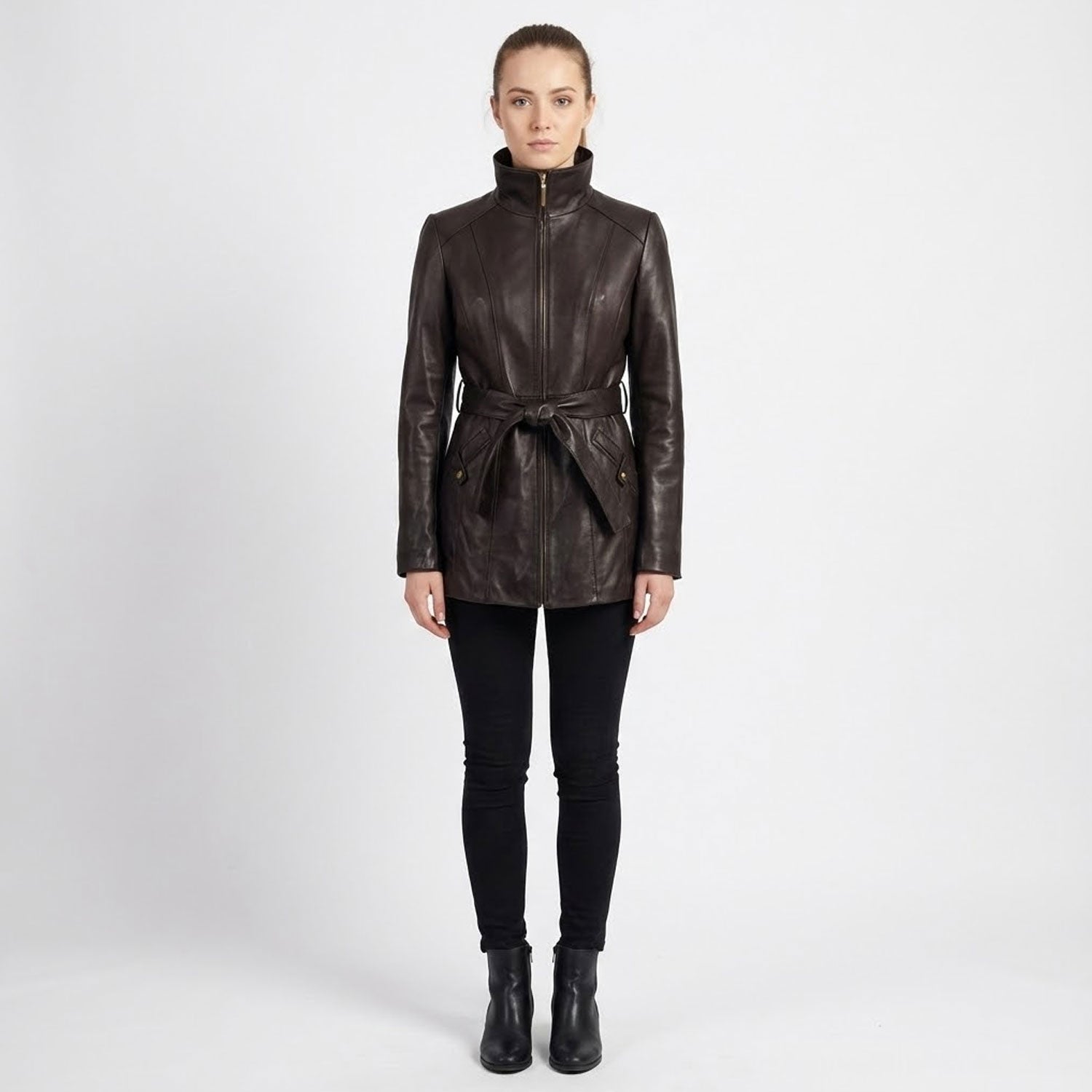 ukra_womens_waist_belt_leather_coat_front_view